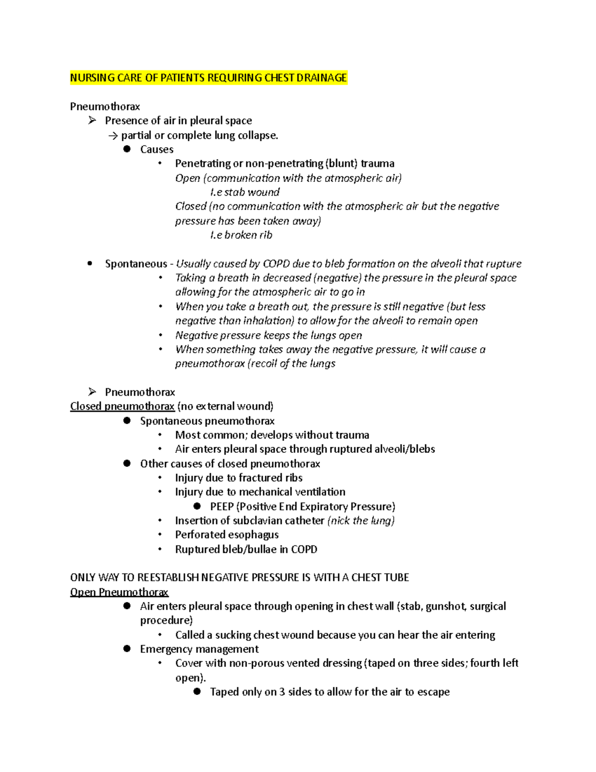 management of patient with chest tubes - NURSING CARE OF PATIENTS ...