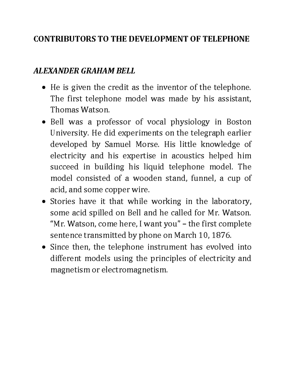Contributors To The Development of Telephone - CONTRIBUTORS TO THE ...