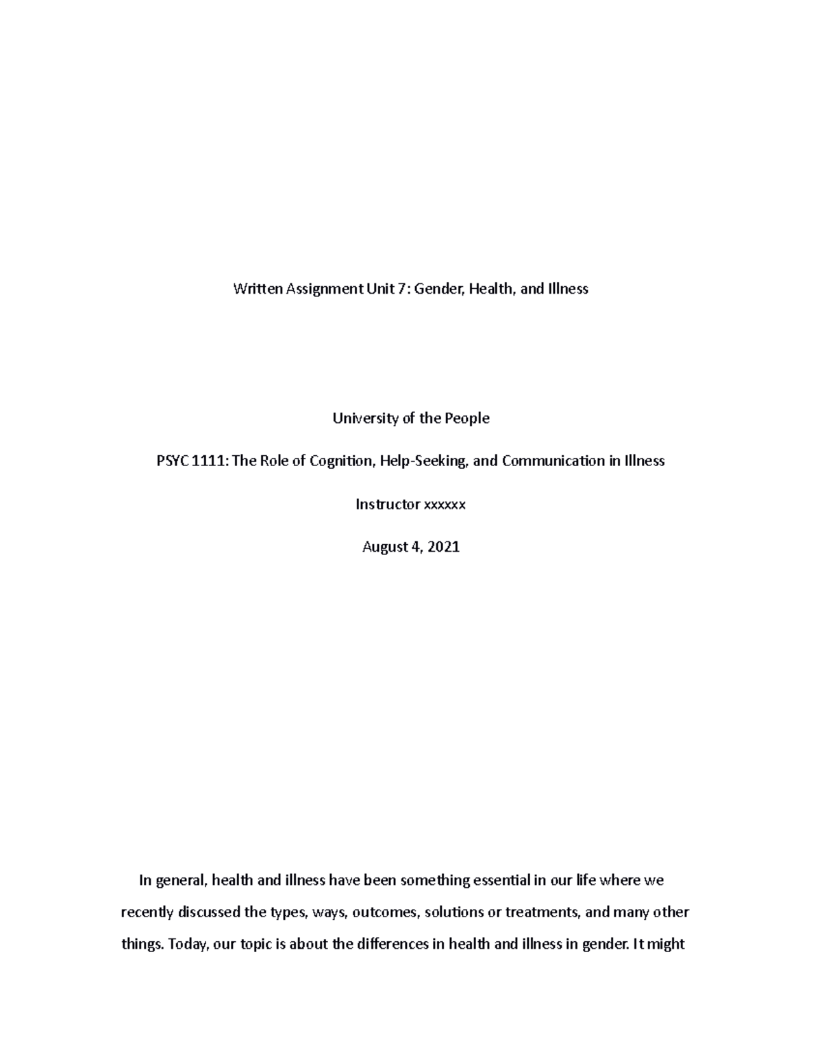 Written Assignment Unit 7 PSYC 1111 - Written Assignment Unit 7: Gender ...