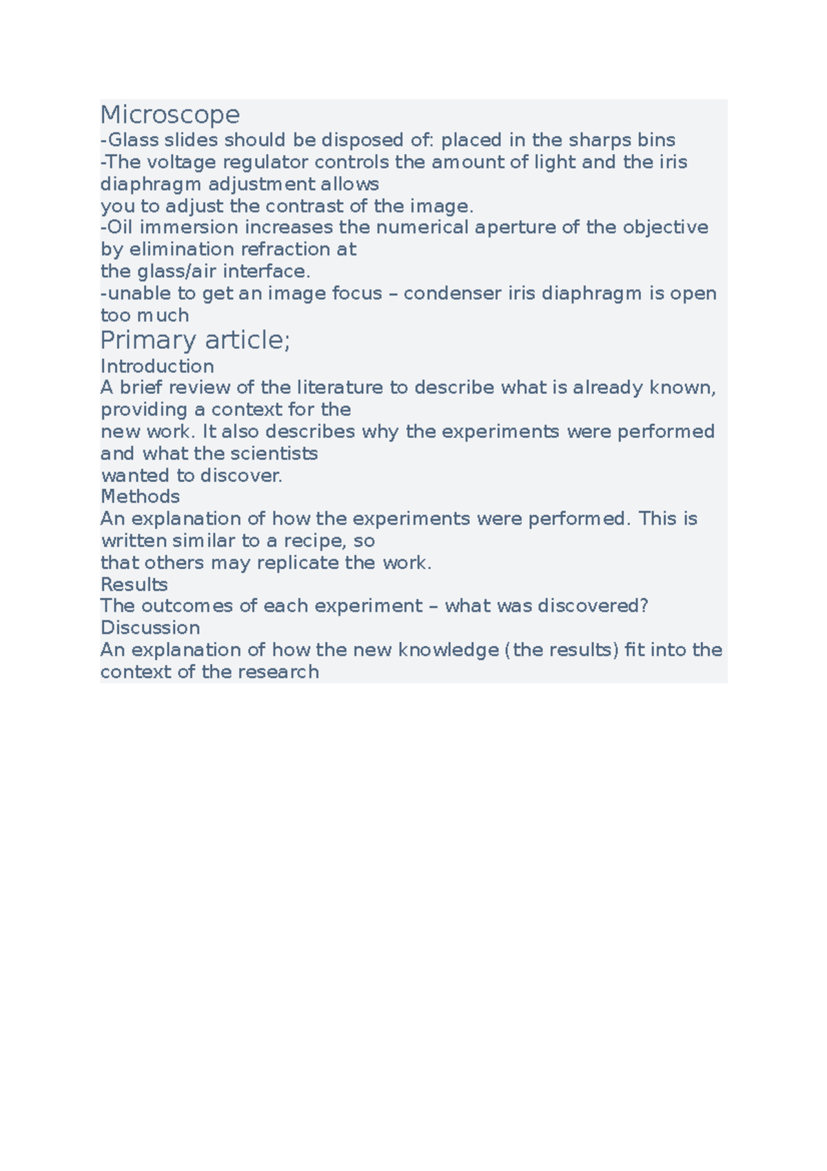Lecture notes 1201 Microscope Glass slides should be disposed of