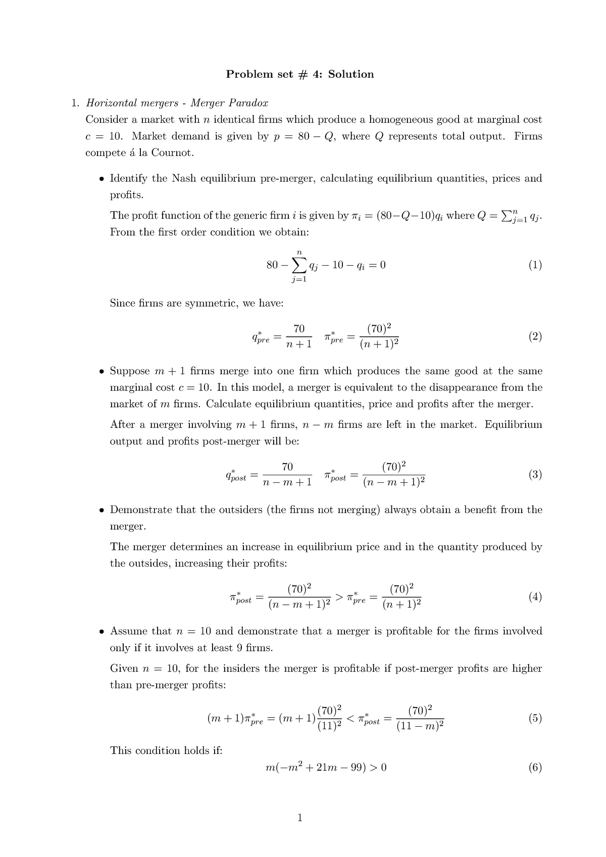 Problem Set 4 Solutions - Problem Set # 4: Solution Horizontal Mergers ...