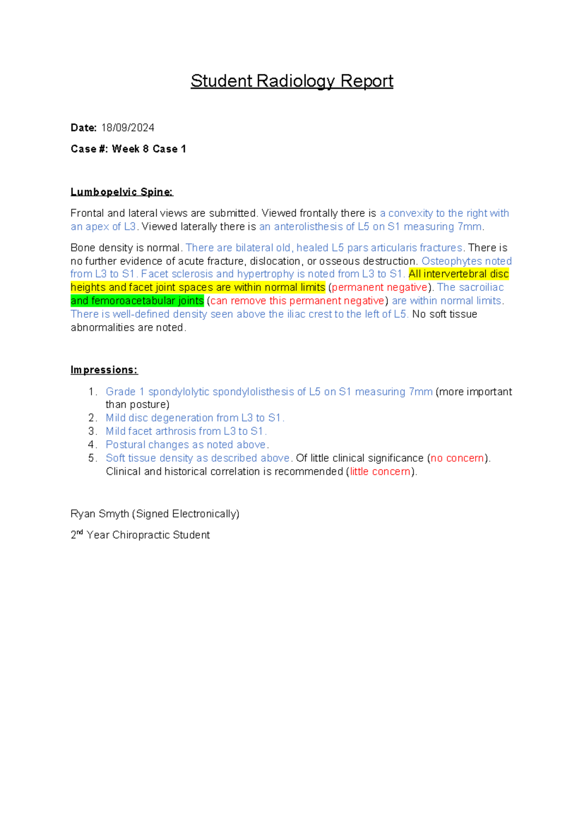 Lumbar Spine - Radio Report - Student Radiology Report Date: 18/09 ...
