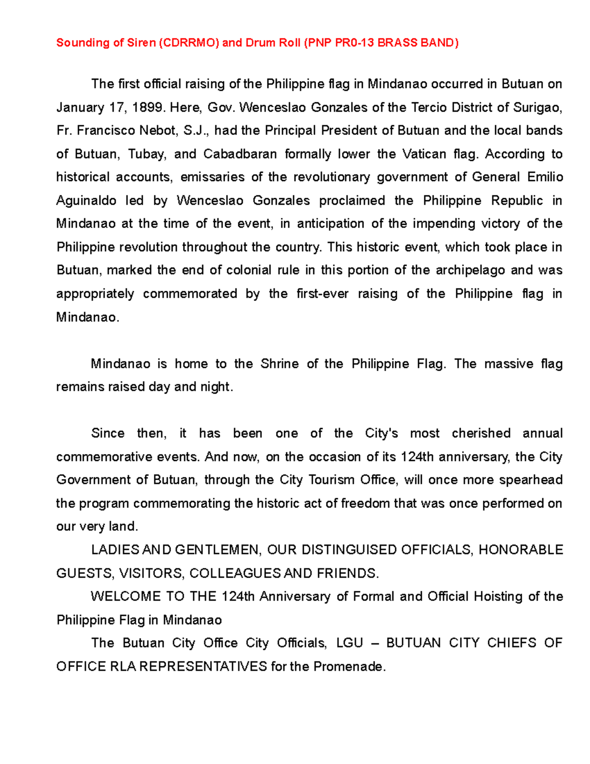 FLAG Hoisting Program FLOW Sounding of Siren (CDRRMO) and Drum Roll