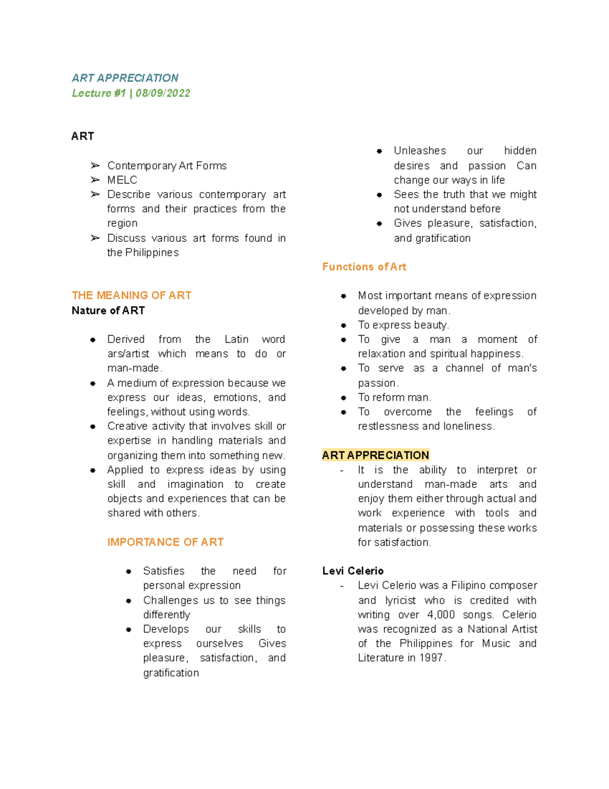 ART APP Notes1 ART APP NOTES45.pdf ART APPRECIATION Lecture 1 08/09/ ART Contemporary