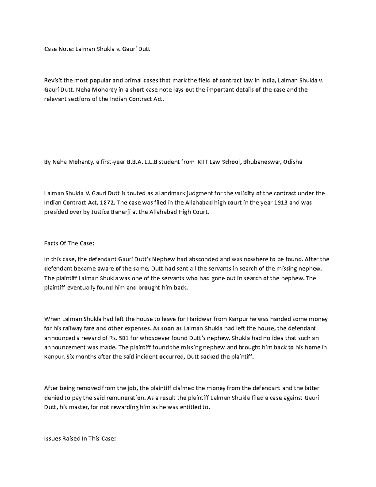 important Cases Notes - Case Note: Lalman Shukla v. Gauri Dutt Revisit ...