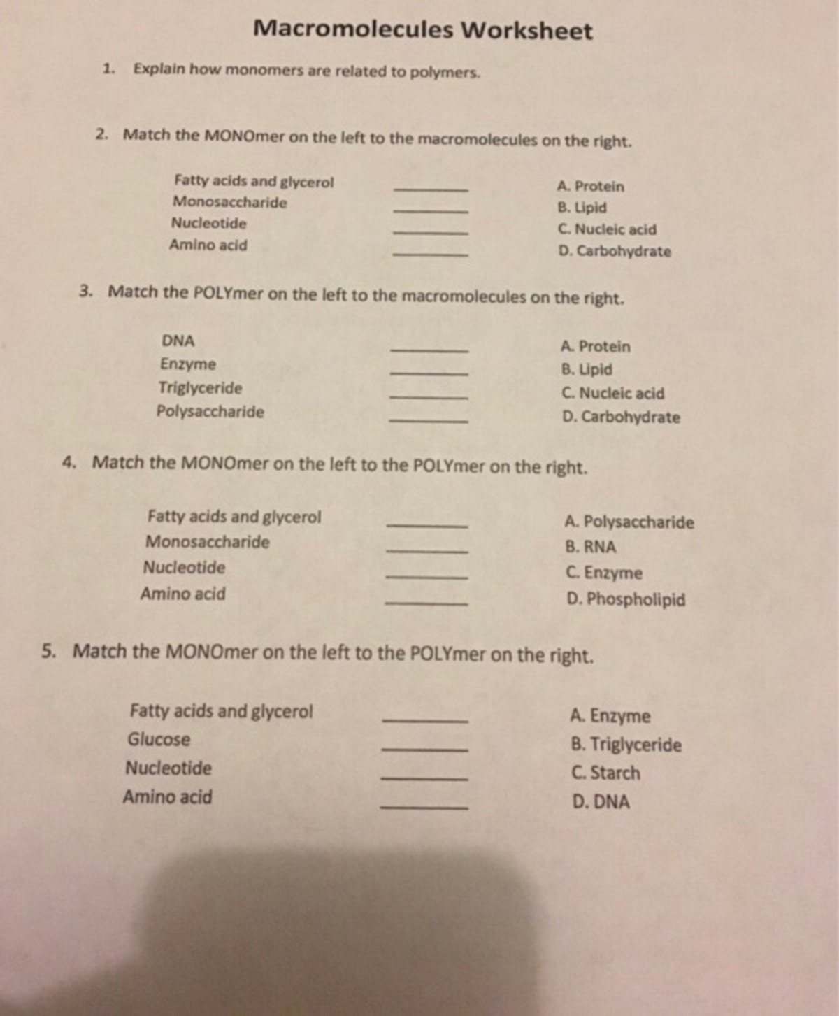 Macromolecules Worksheet BIO 111 Studocu