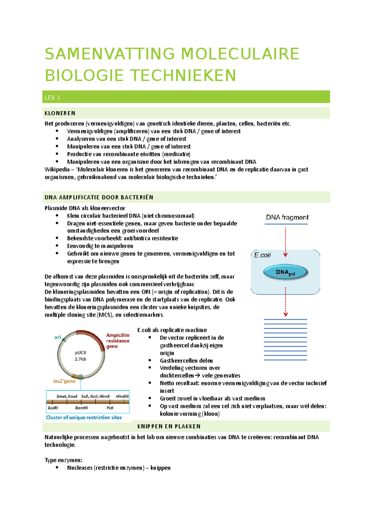 Samenvatting Moleculaire Biologie Technieken - SAMENVATTING MOLECULAIRE ...