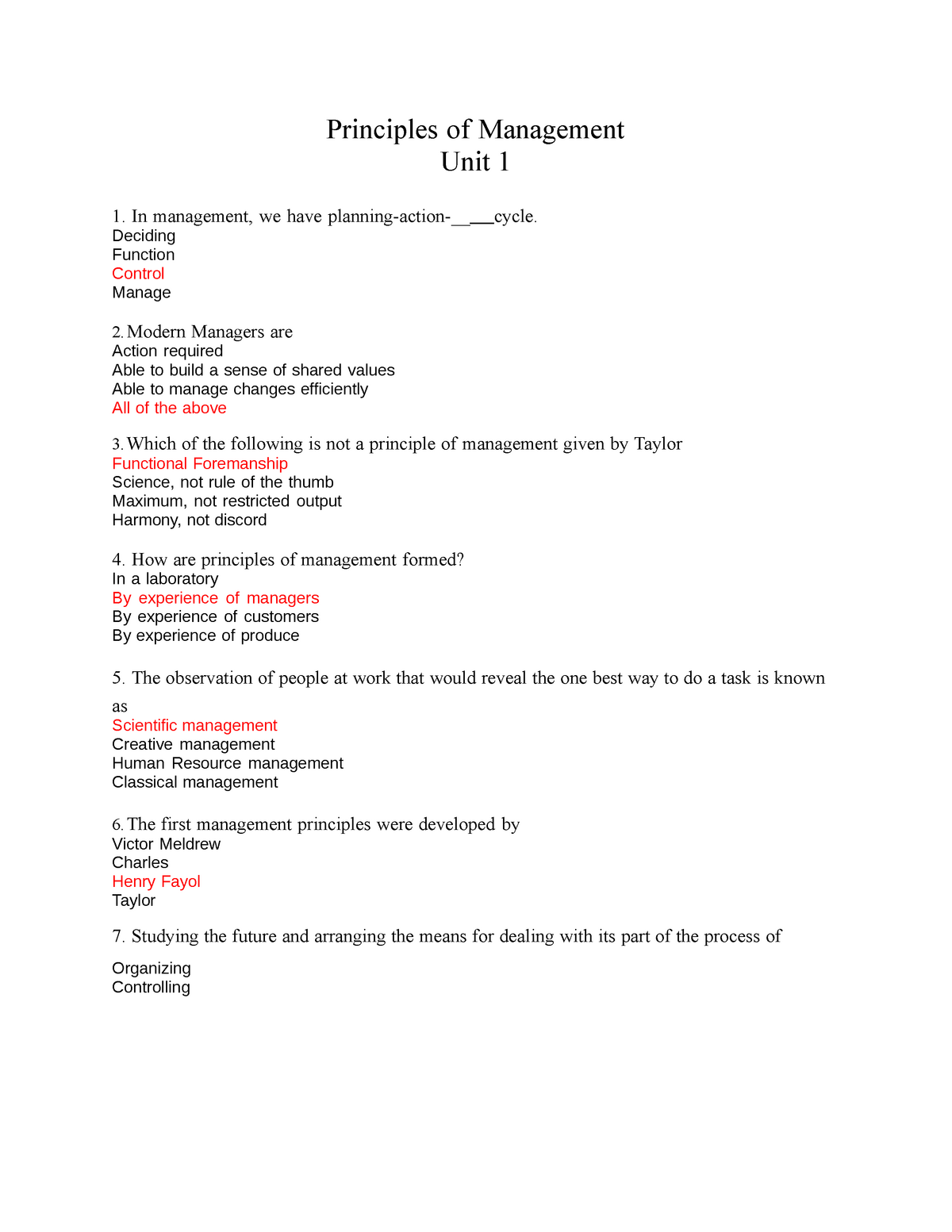 Unit 1 - MCQ - Principles Of Management Unit 1 1. In Management, We ...