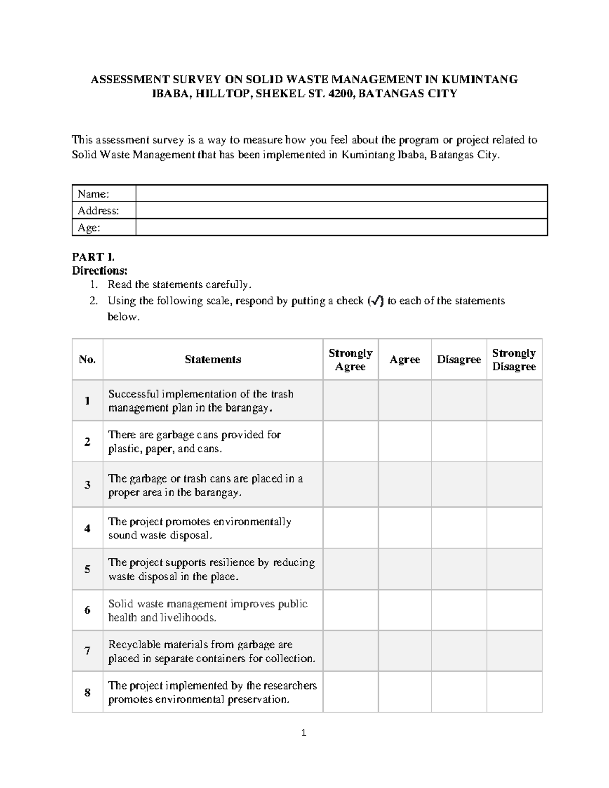 Assessment-survey - NSTP CWTS - 1 ASSESSMENT SURVEY ON SOLID WASTE ...