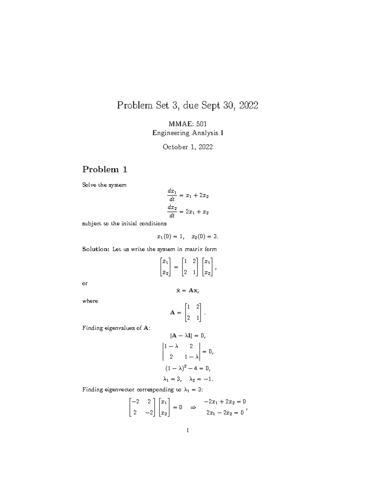 Problem Set 3 Solutions - Problem Set 3, Due Sept 30, 2022 MMAE: 501 ...