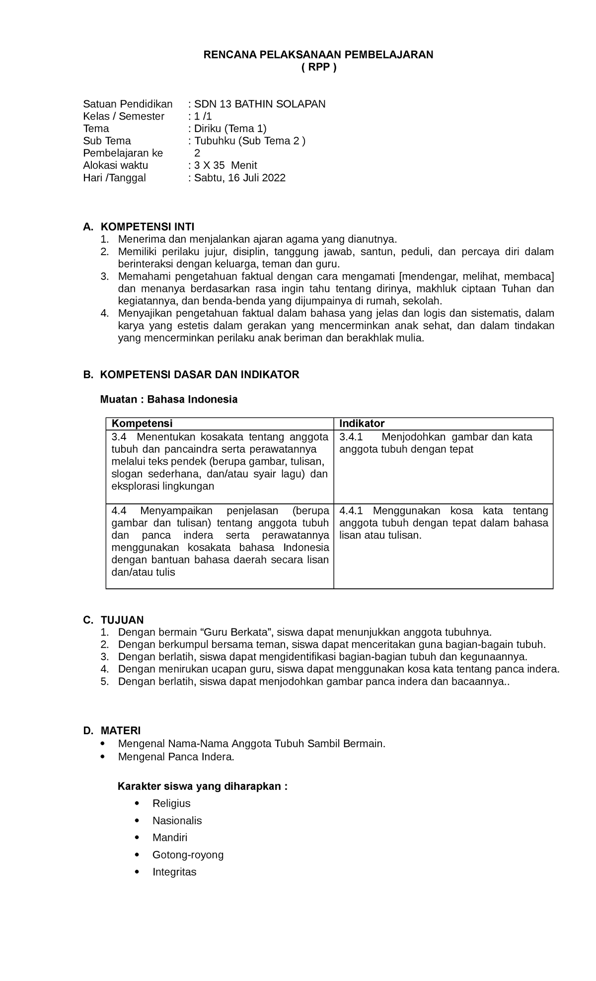 Rpp B Indo Diriku Kelas 1 - RENCANA PELAKSANAAN PEMBELAJARAN ( RPP ...