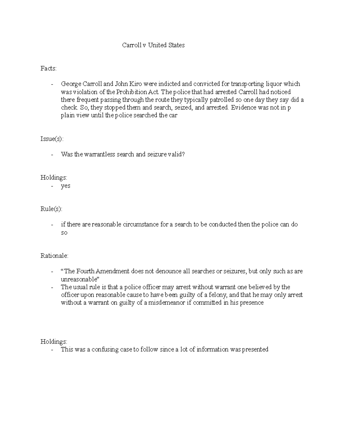 Brief #12 - Neal Schuett - Carroll v United States Facts: George ...