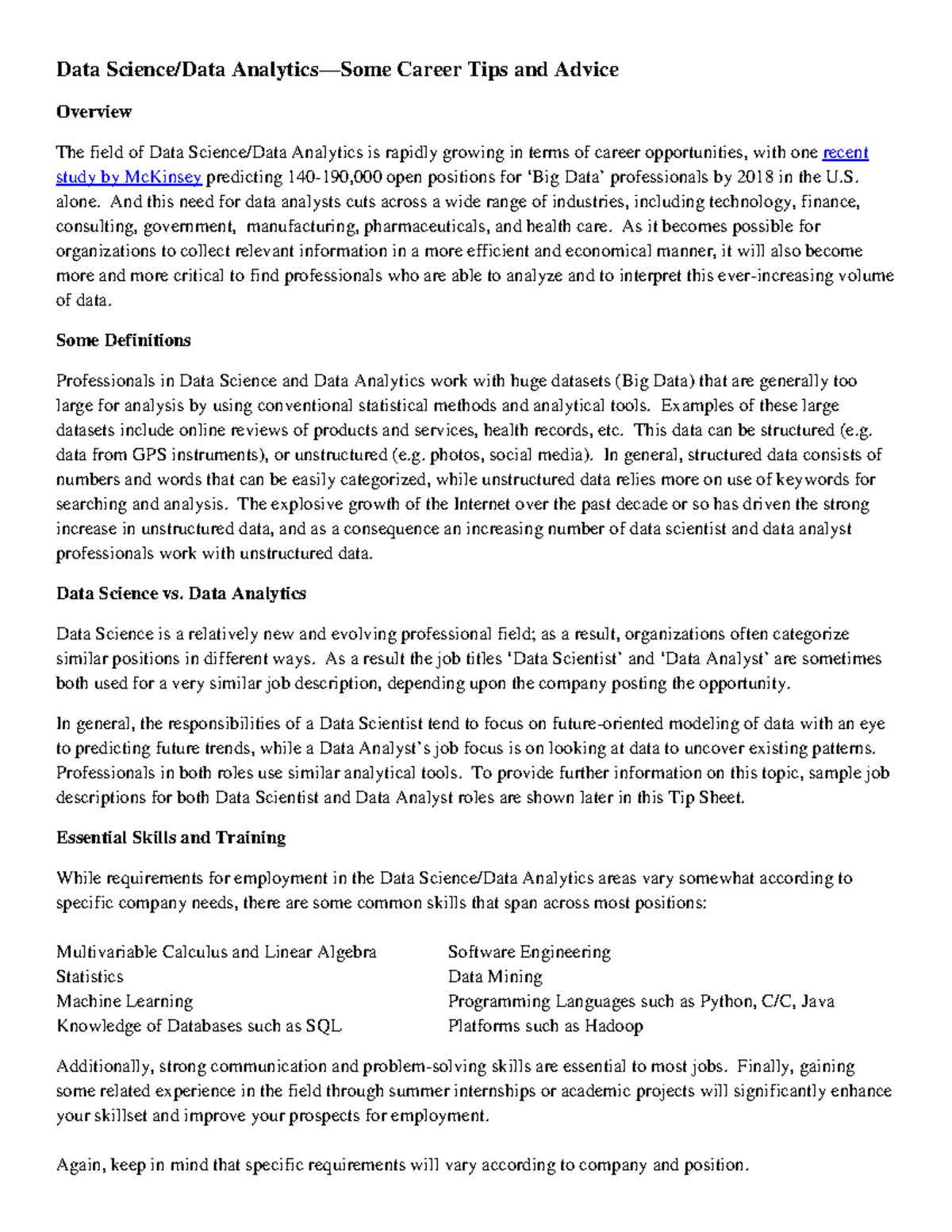 Data science tip sheet - Data Science/Data Analytics—Some Career Tips ...