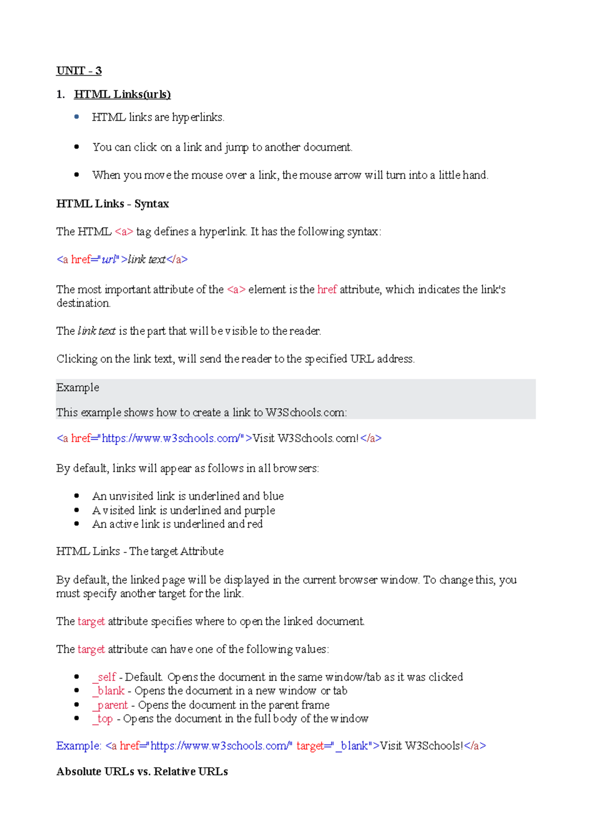 web programming - UNIT - 3 HTML Links(urls) HTML links are hyperlinks ...