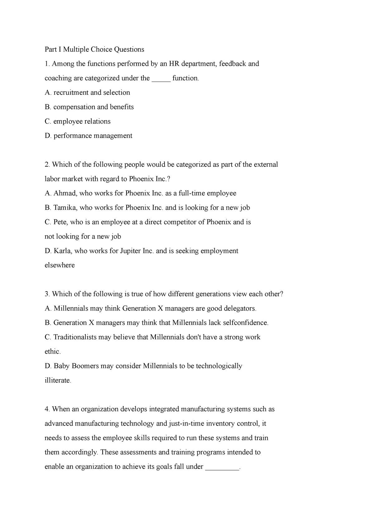 Proef/oefen tentamen 2019, vragen - Part I Multiple Choice Questions 1 ...