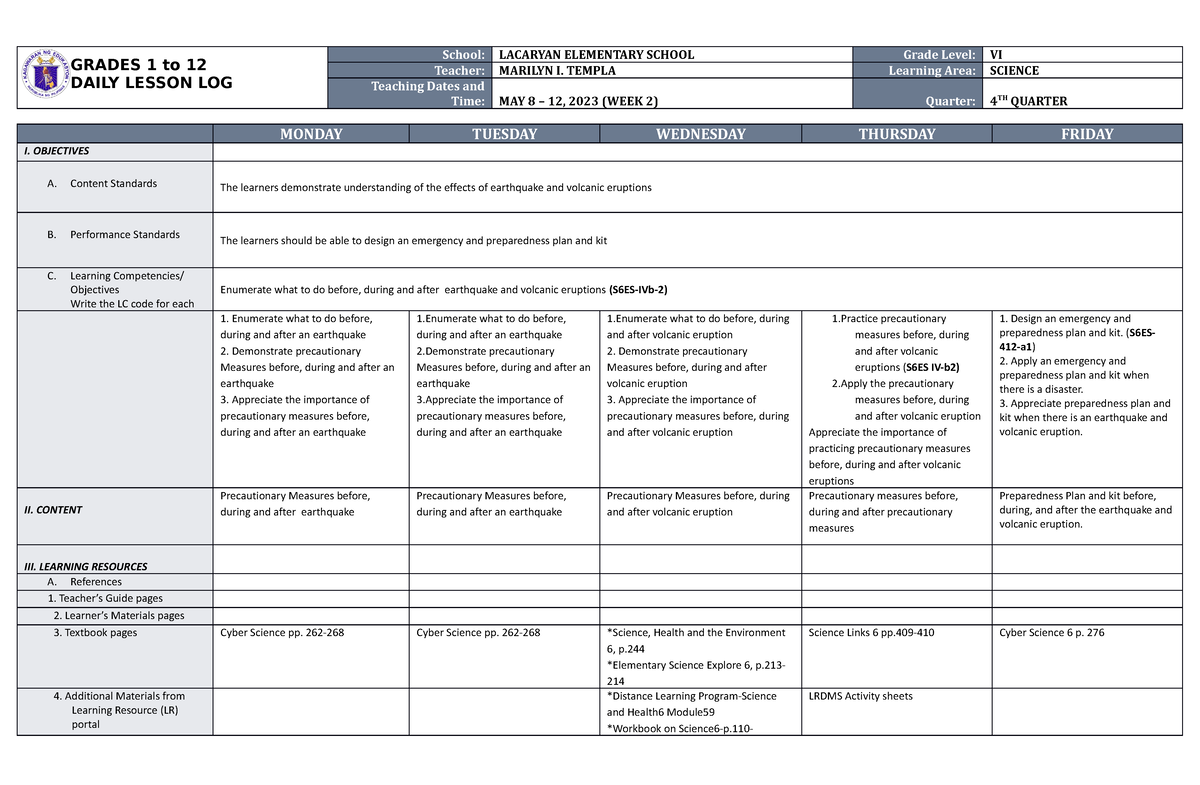 DLL Science 6 Q4 W2 - Daily Lesson Plan - GRADES 1 to 12 DAILY LESSON ...