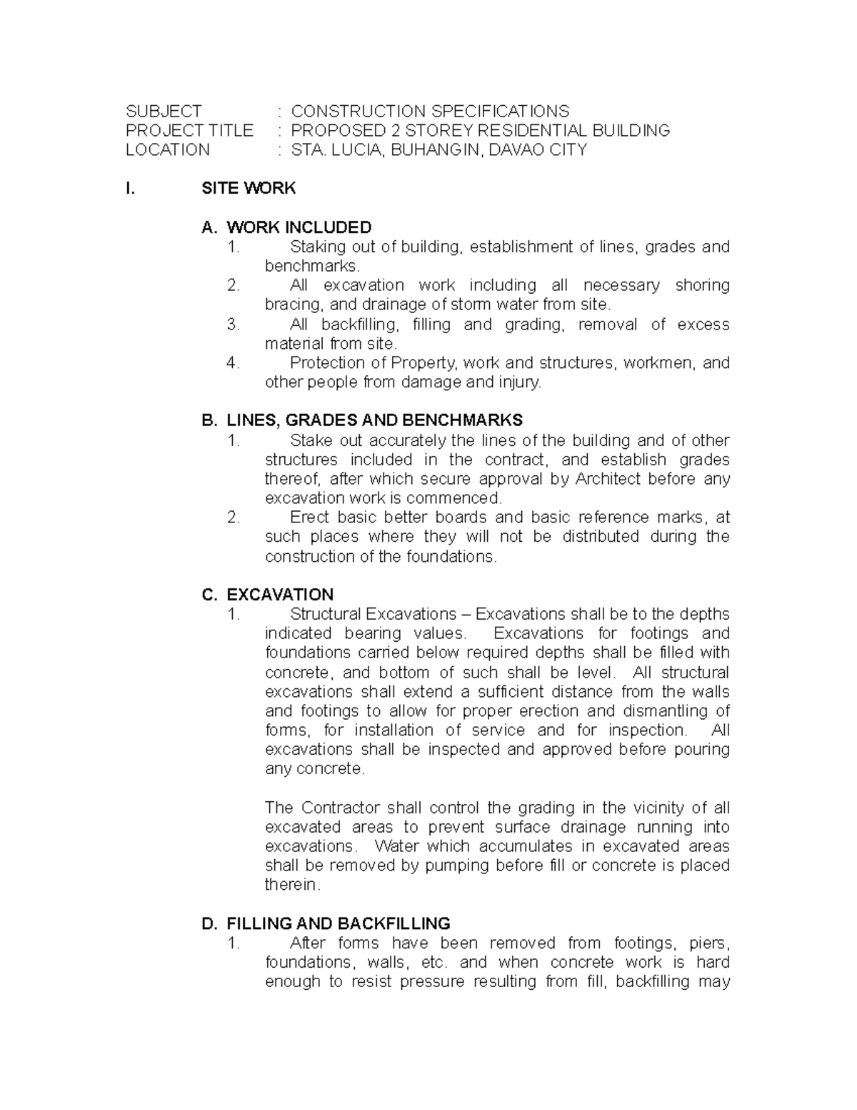 Construction Specifications SUBJECT CONSTRUCTION SPECIFICATIONS