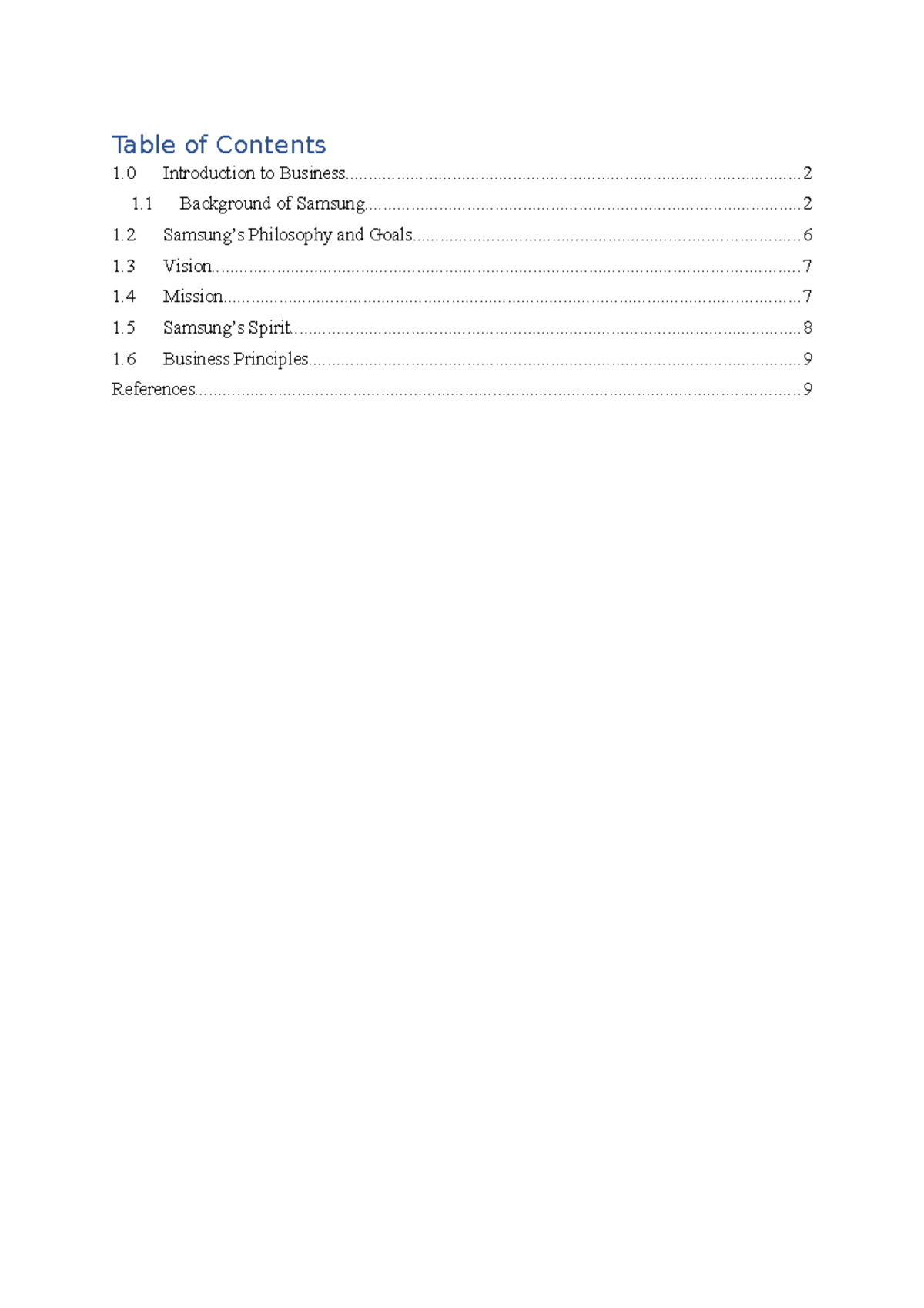 Managing Business- Introduction to Samsung - Table of Contents 1 ...