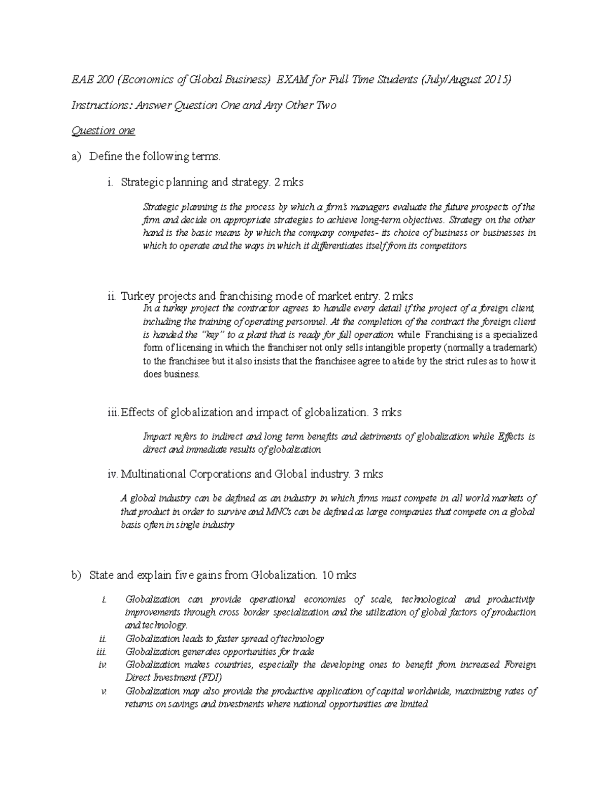EAE 200 marking guide - Exams - EAE 200 (Economics of Global Business ...