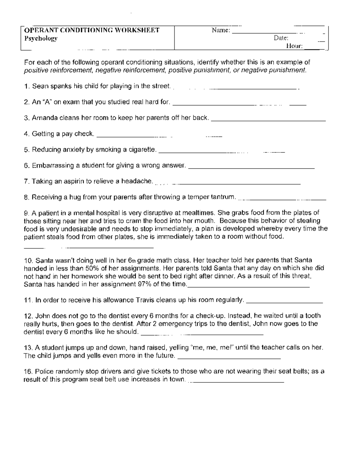 Opperant conditioning worksheets-11182013 - psychology - Studocu