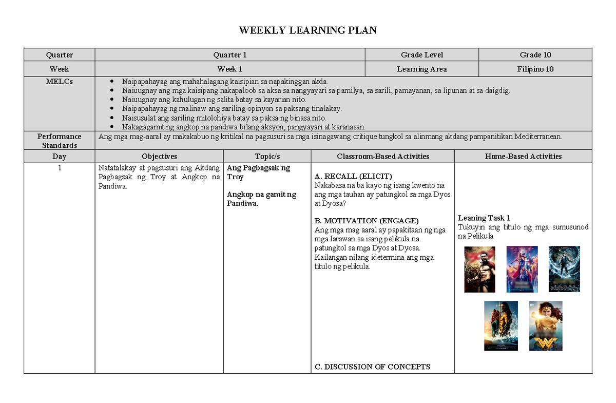 WLP Kwarter 1 - FILIPINO 10 - WEEKLY LEARNING PLAN Quarter Quarter 1 ...