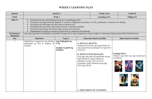 WLP Kwarter 3 - FIL 10 - WEEKLY LEARNING PLAN Quarter Quarter 3 Grade ...