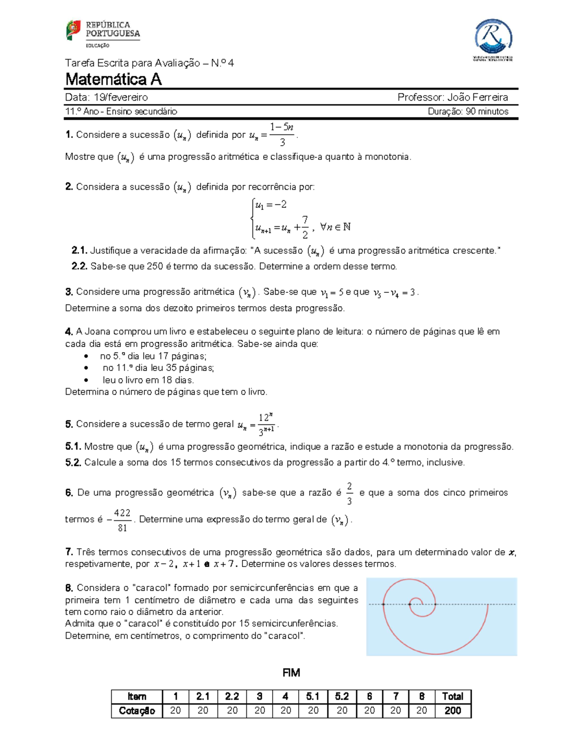 Matematica 11 ano Tarefa - Tarefa Escrita para Avaliação – N.º 4 ...