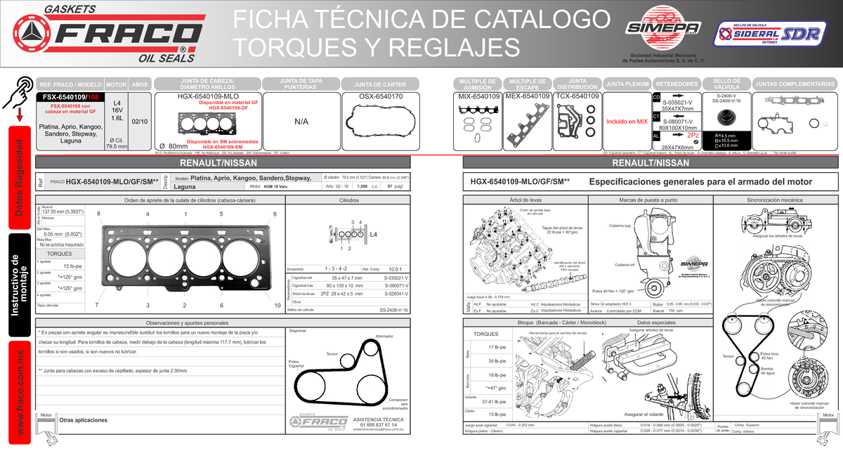 Ficha Técnica DE Torque Nissan Platina - A= B= C= REF. FRACO / MODELO