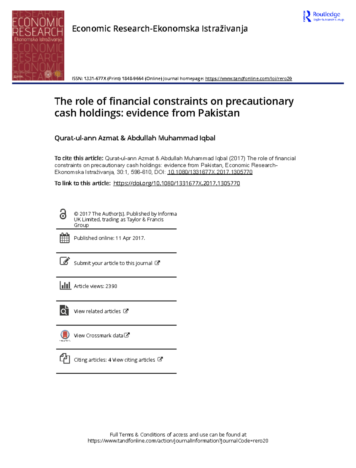 The role of financial constraints on precautionary - 1080/1331677X. To ...