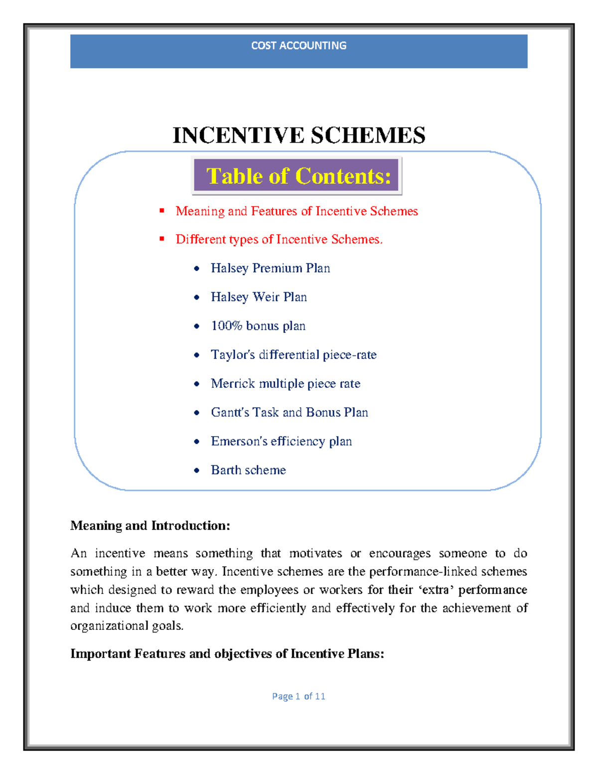 Incentive Scheme and its various types with illustrations - Cost