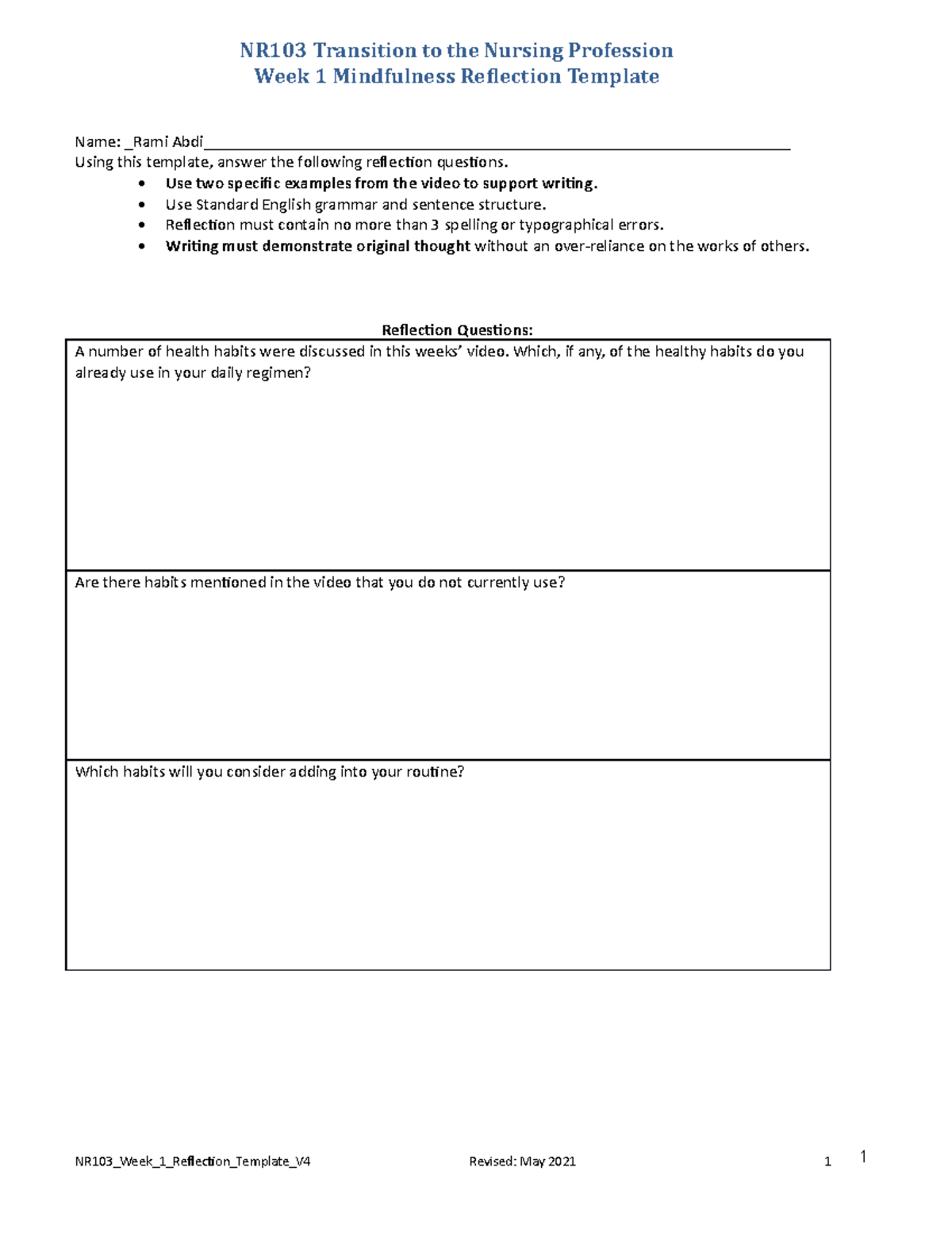 NR103 Week1 Reflection Template May2021 - NR103 Transition to the ...