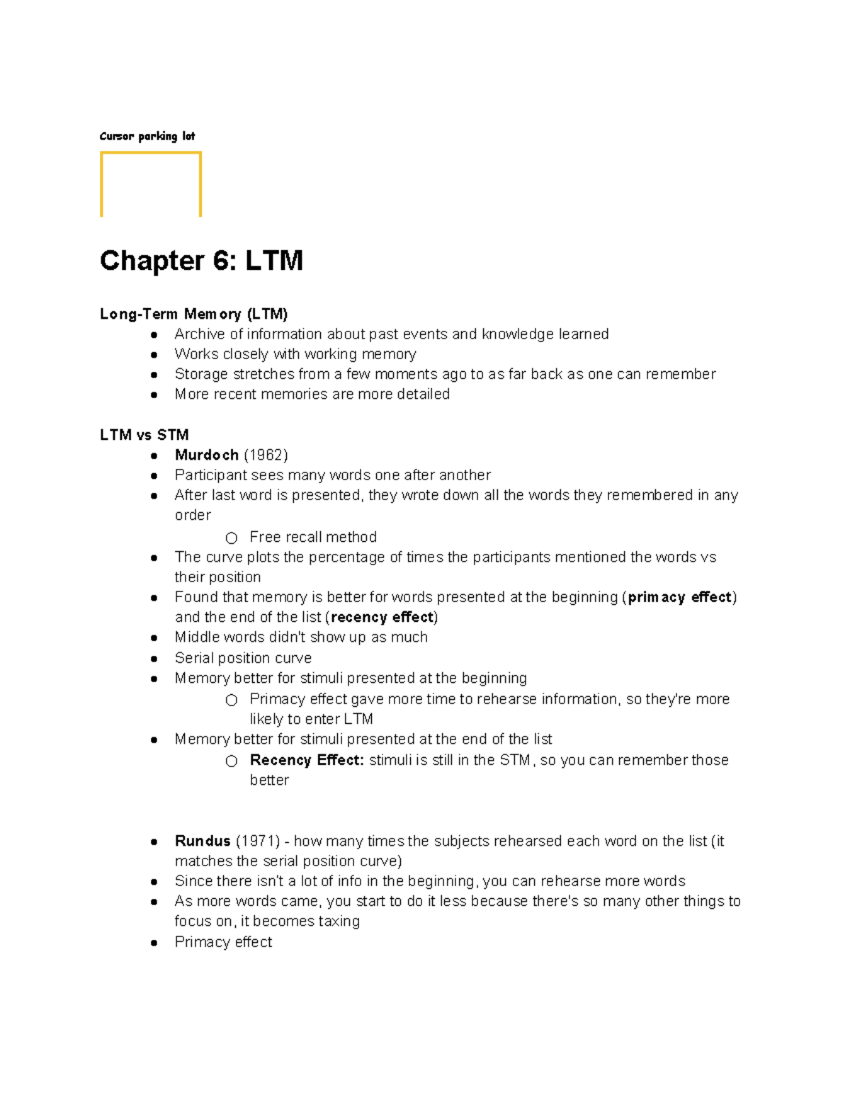 Exam Study Guide (Cognitive Psych) - Cursor parking lot Chapter 6: LTM ...