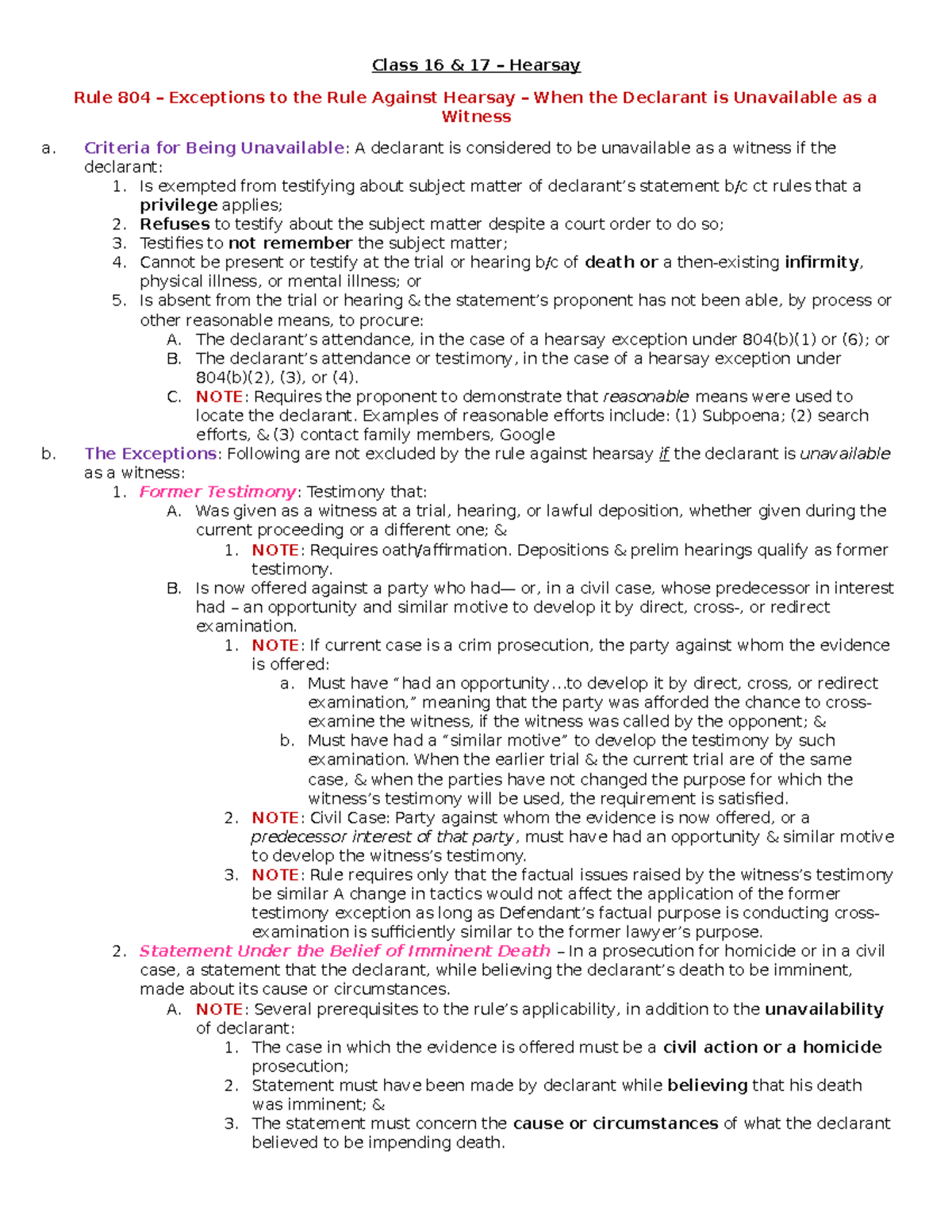 Class 16 And 17 - Hearsay - Class 16 & 17 – Hearsay Rule 804 ...