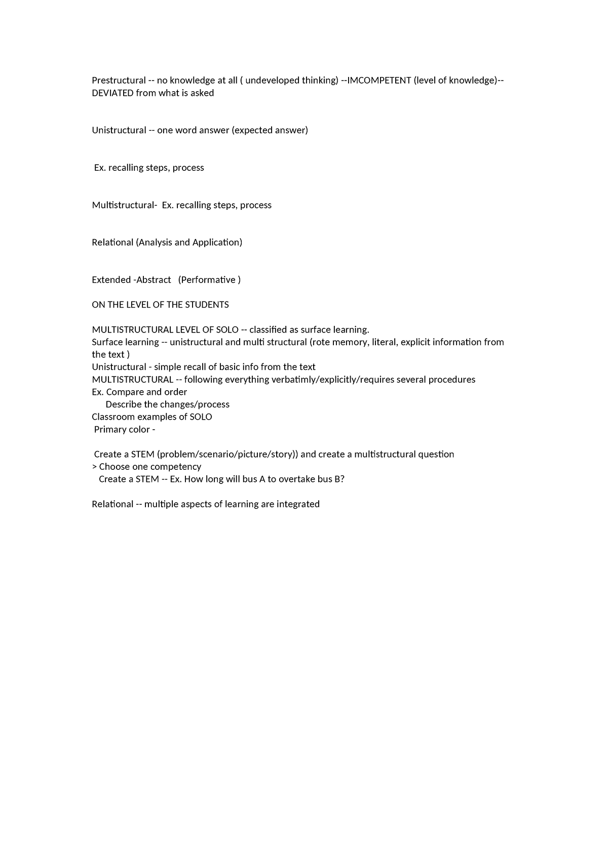 SOLO Taxonomy - Prestructural - no knowledge at all ( undeveloped ...