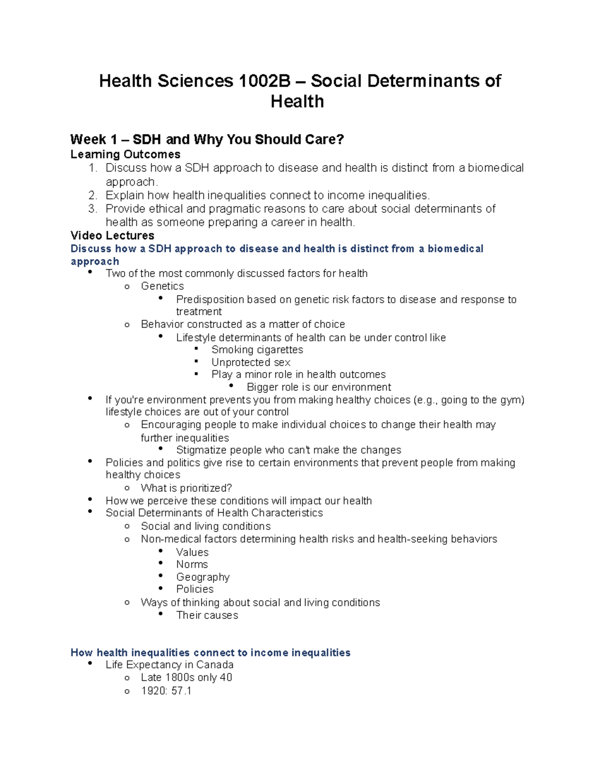 Health Sciences 1002B Study Guide Health Sciences 1002B Social