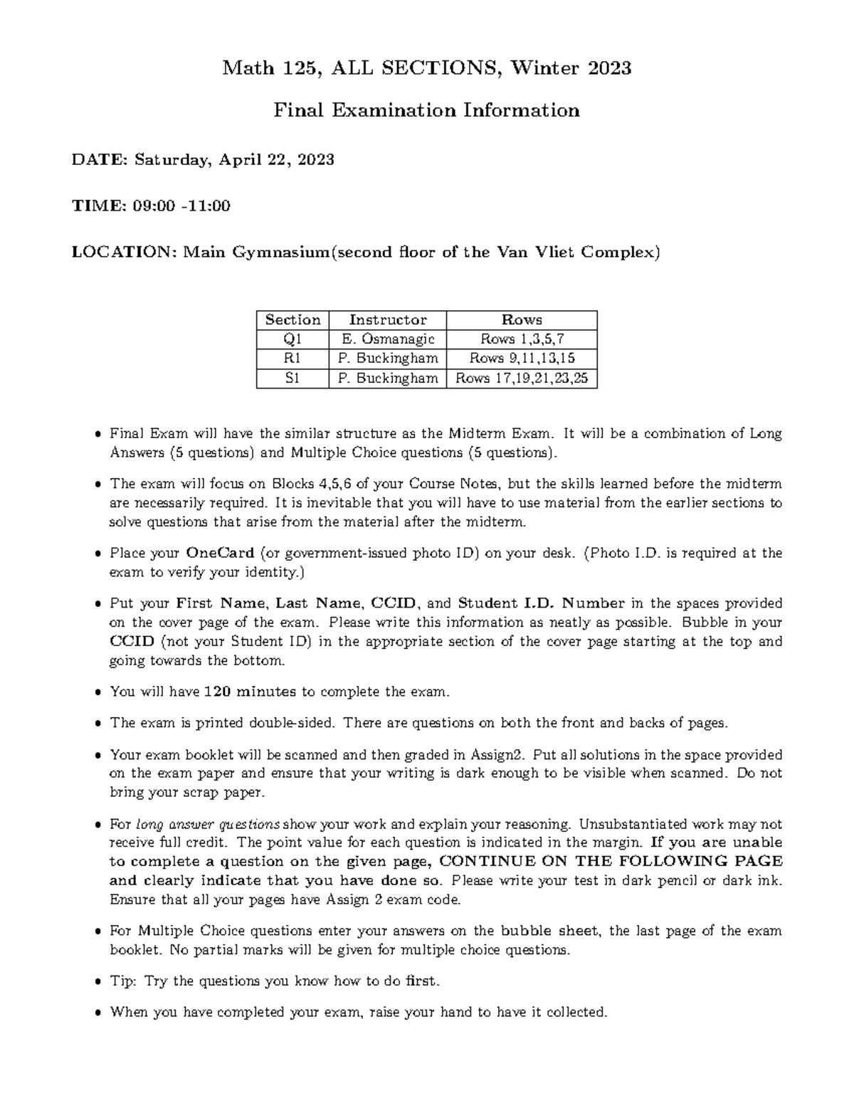 M125 W2023 ALL Final Information - Math 125, ALL SECTIONS, Winter 2023 ...