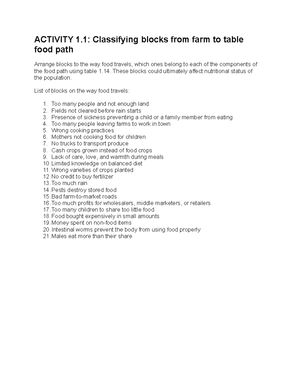 Activity 1 farm to table blocks ACTIVITY 1 Classifying blocks from