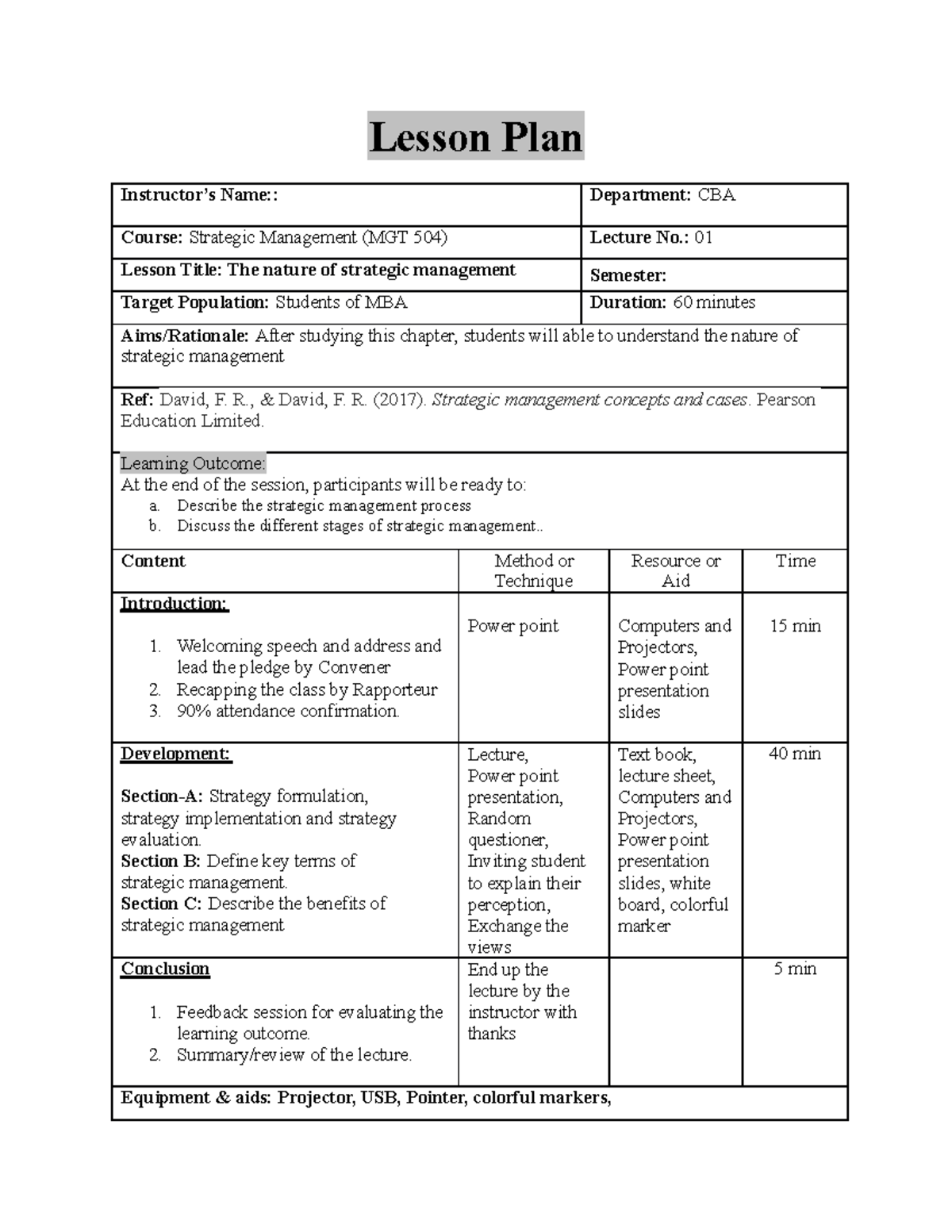 Lesson Plan Lec 01 MGT 504 - Lesson Plan Instructor’s Name:: Department ...