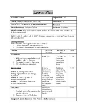 Lesson Plan Lec 05 MGT 504 - Lesson Plan Instructor’s Name:: Department ...