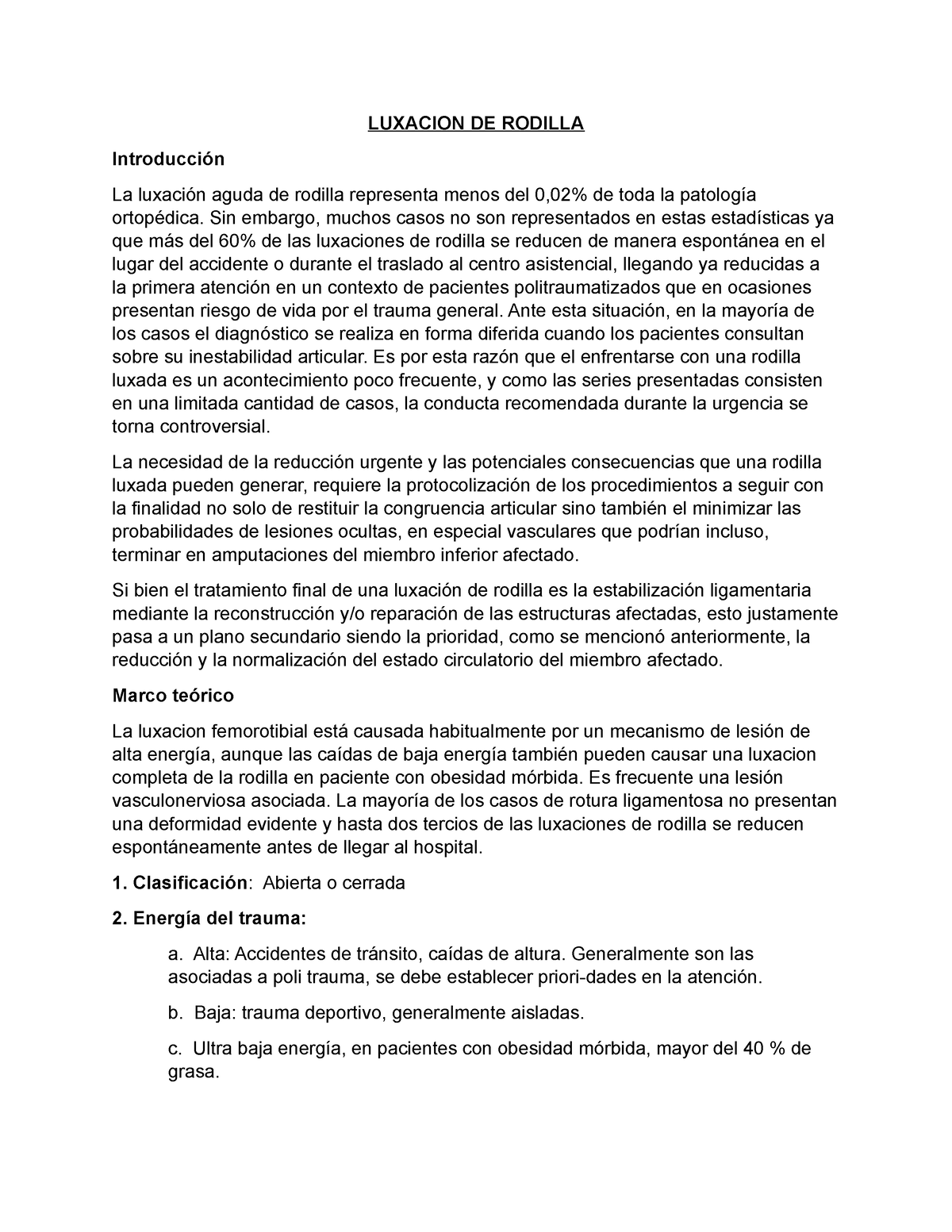 Luxacion DE Rodilla - resumen - LUXACION DE RODILLA Introducción La ...