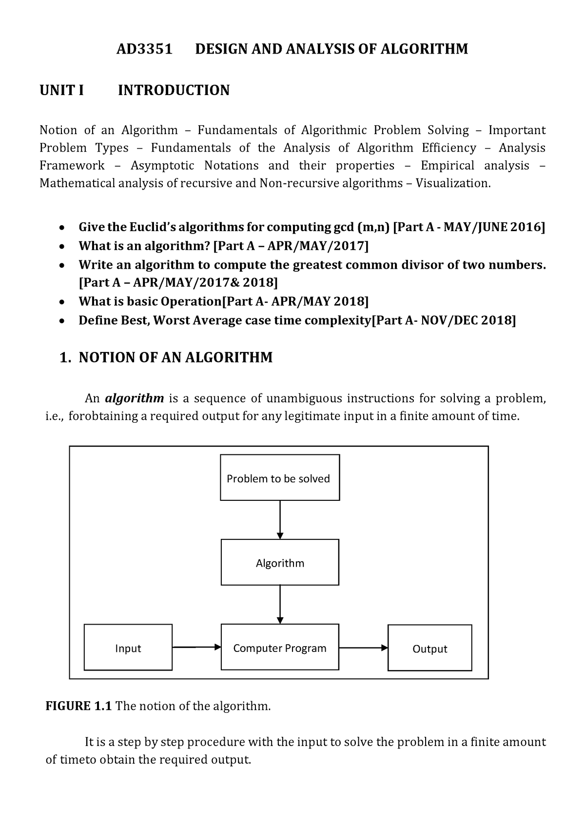 AD 3351- Unit 1 - DAA Notes - AD3351 DESIGN AND ANALYSIS OF ALGORITHM ...