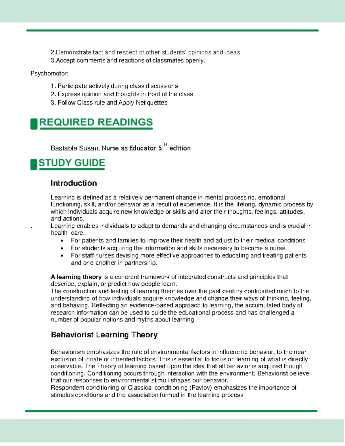 Behaviorist Learning Theory - 2 .Demonstrate tact and respect of other ...