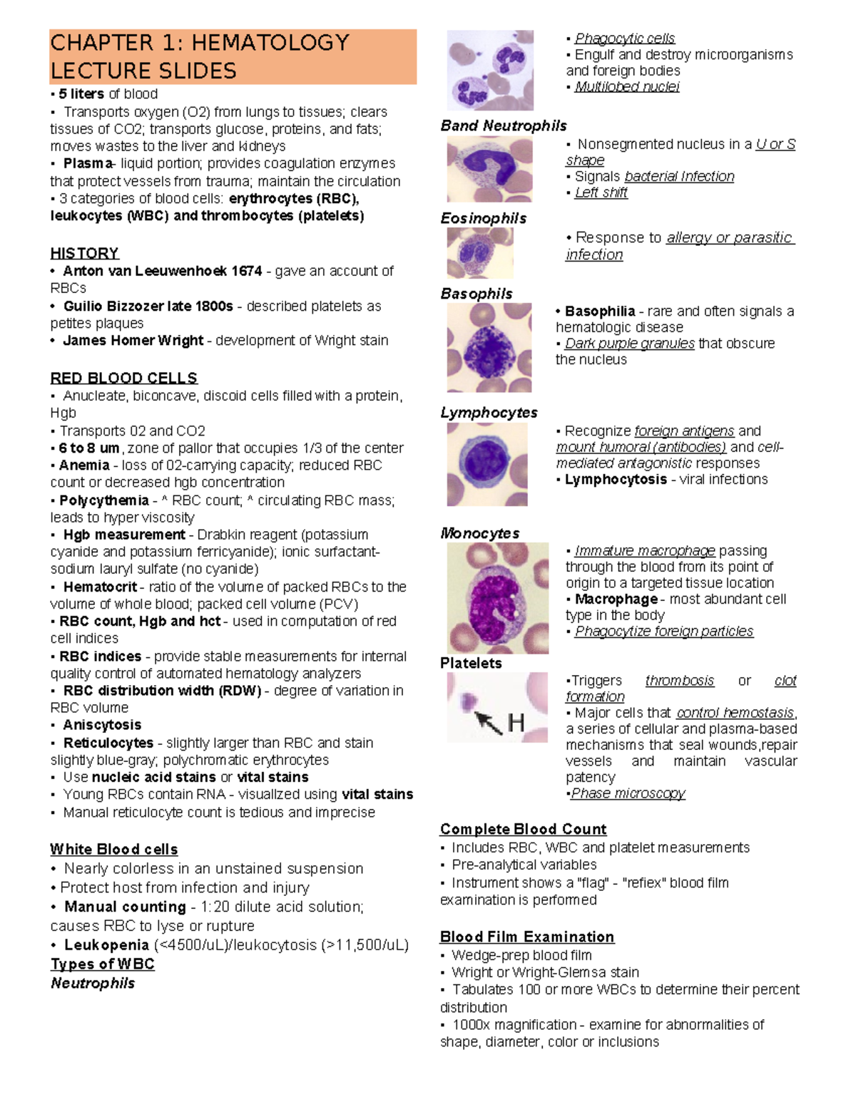 LEC 1 - Lecture notes - CHAPTER 1: HEMATOLOGY LECTURE SLIDES • 5 liters ...