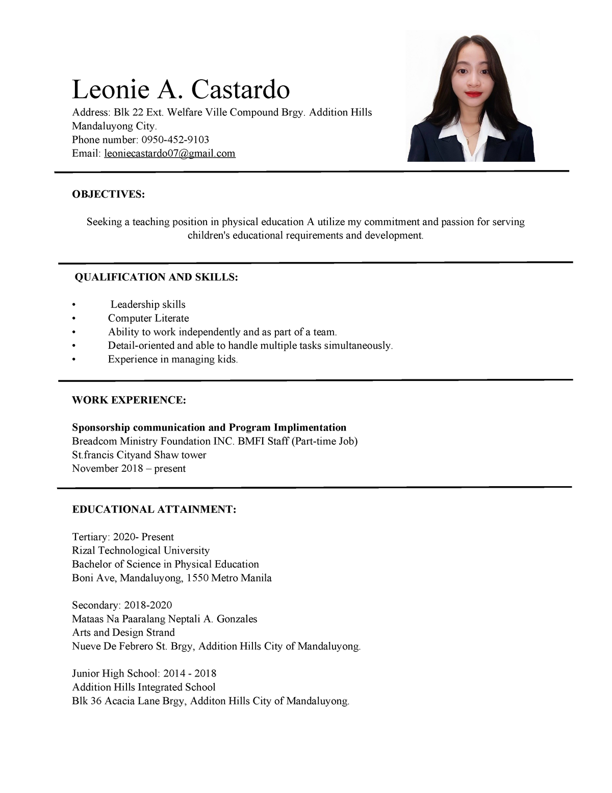 CCCCastardo-leonie-resume - Leonie A. Castardo Address: Blk 22 Ext ...