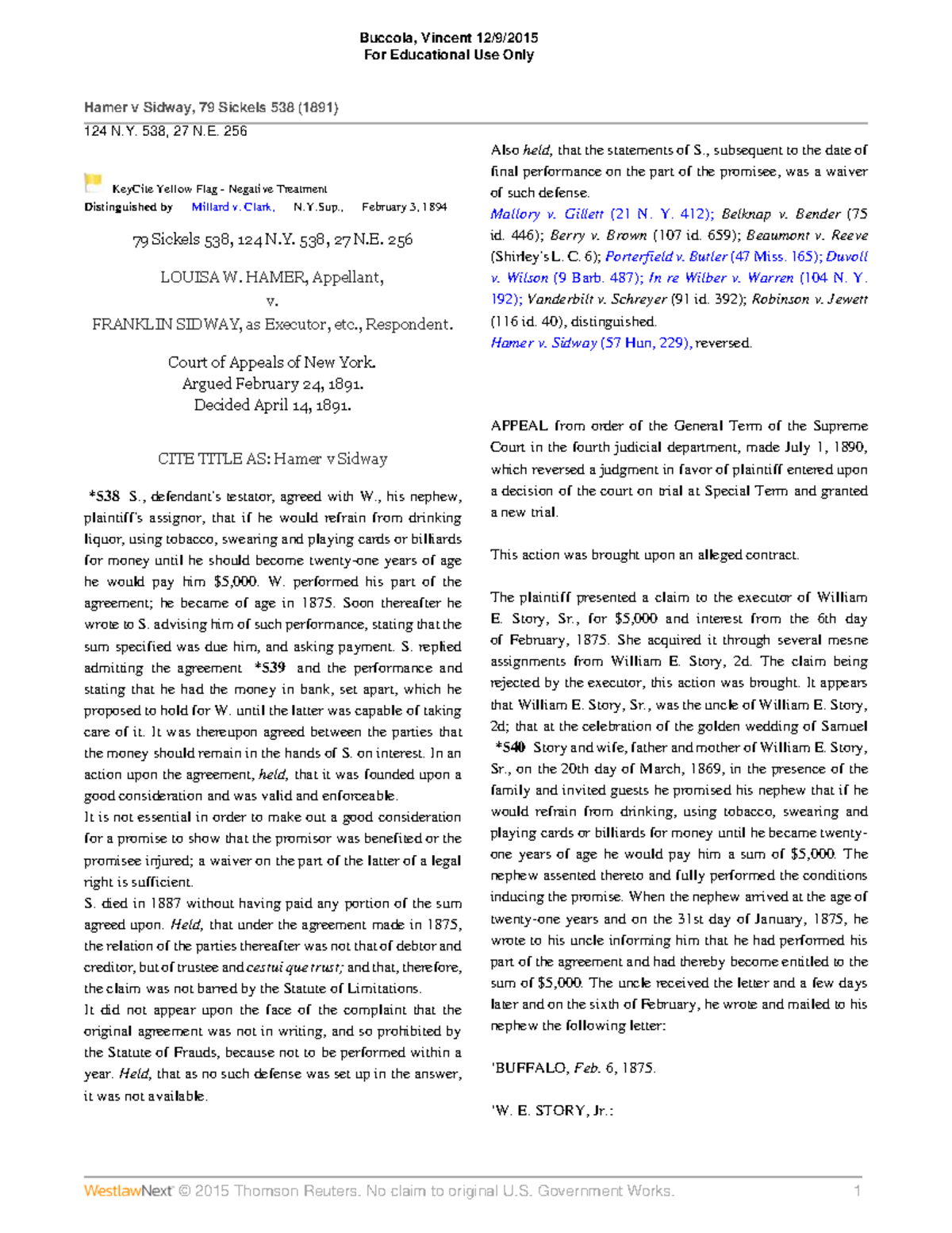 Hamer v Case study for course For Educational Use Only Hamer v