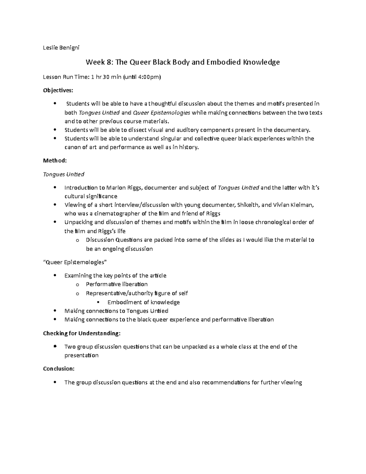 Teaching Presentation Lesson Plan - Leslie Benigni Week 8: The Queer ...