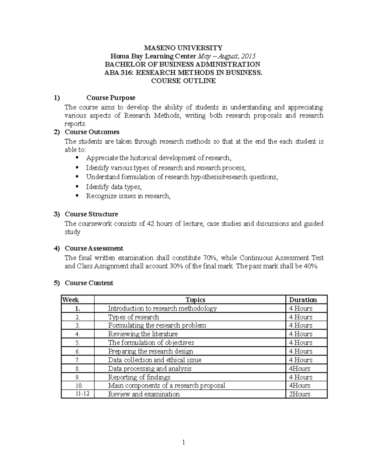ABA 316 Research Methods in Busines Course Outline - MASENO UNIVERSITY ...