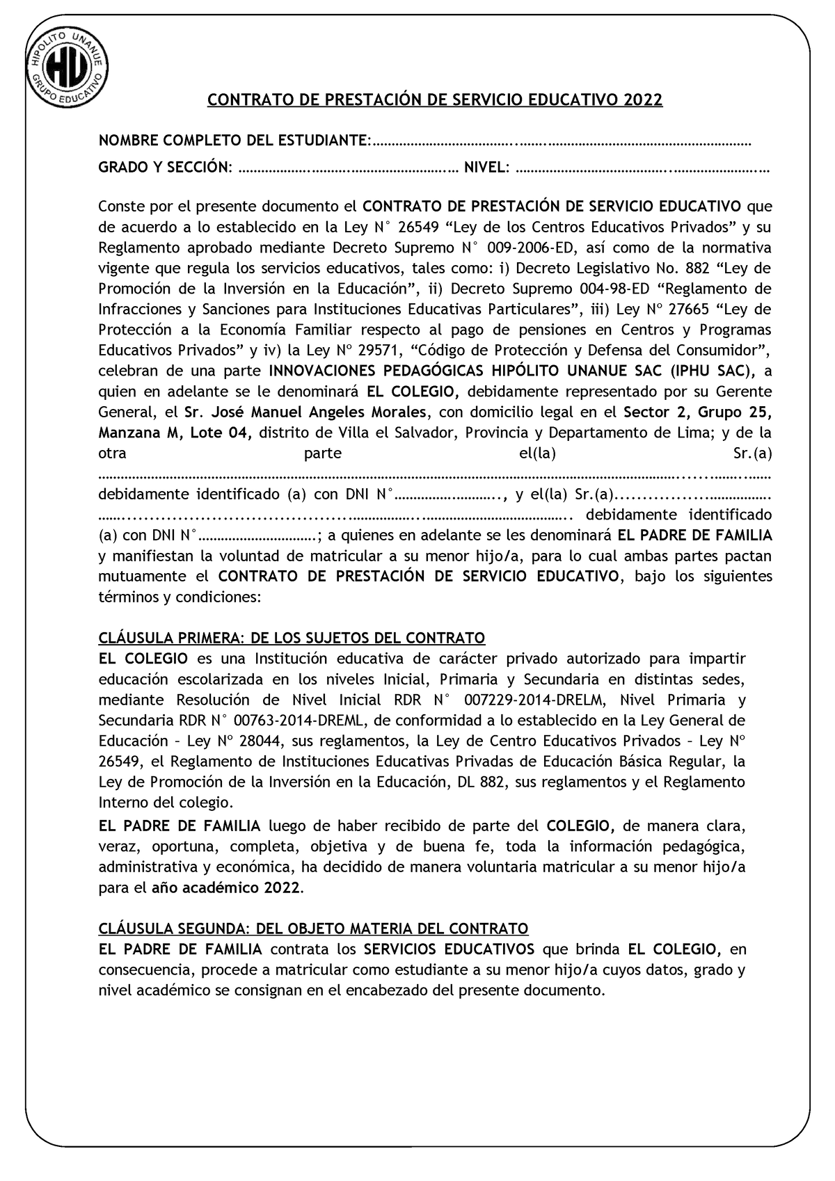 Contrato DE Prestación DE Servicio Educativo 2022 - SUR - CONTRATO DE  PRESTACIÓN DE SERVICIO - Studocu
