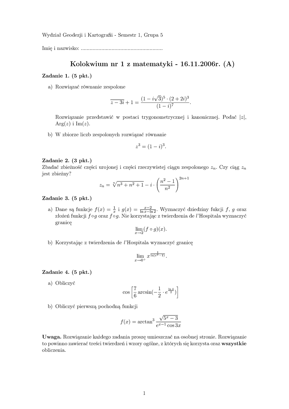 Kolokwium 1 - Analiza Matematyczna - Imię I Nazwisko: - Studocu