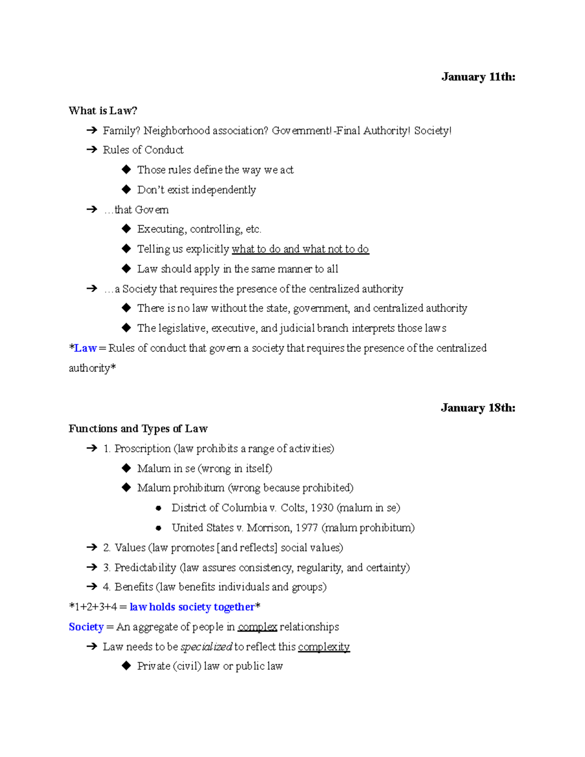 Intro TO LAW - Notes from class - January 11th: What is Law? Family ...